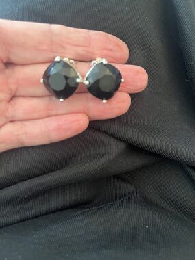 Vintage Carolee Black Stone Faceted Square Earrings Clip-on Silver Tone
